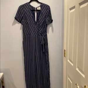 JOA Just One Answer Navy Blue Striped Wrap Front Wide Leg Jumpsuit Small